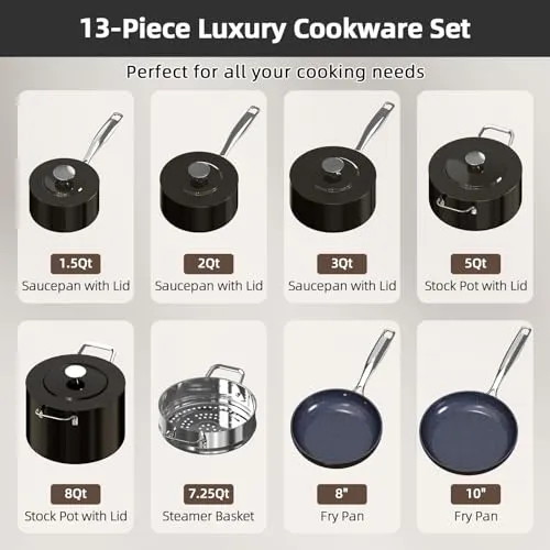 13pc Forged Lightweight Cookware Set PFAS Free, Healthy G10 Duralon Ceramic Coating