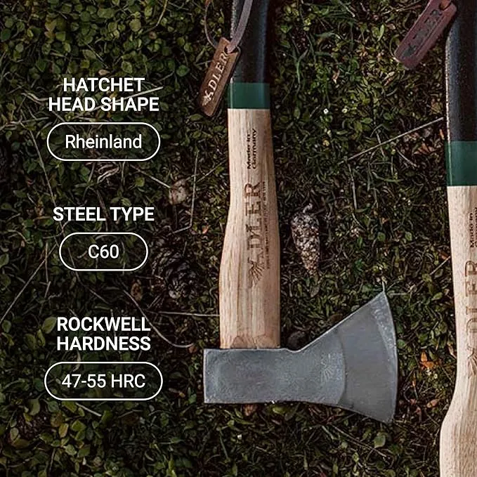 Adler - The Rheinland, 14", German Forged, All-Purpose Wilderness Camping Hatchet, Kindling Splitting & Branch Limbing, Anti-Slip Wood Handle (Green Stripe)