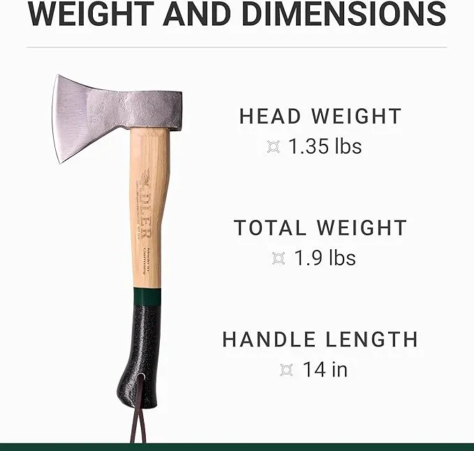 Adler - The Rheinland, 14", German Forged, All-Purpose Wilderness Camping Hatchet, Kindling Splitting & Branch Limbing, Anti-Slip Wood Handle (Green Stripe)