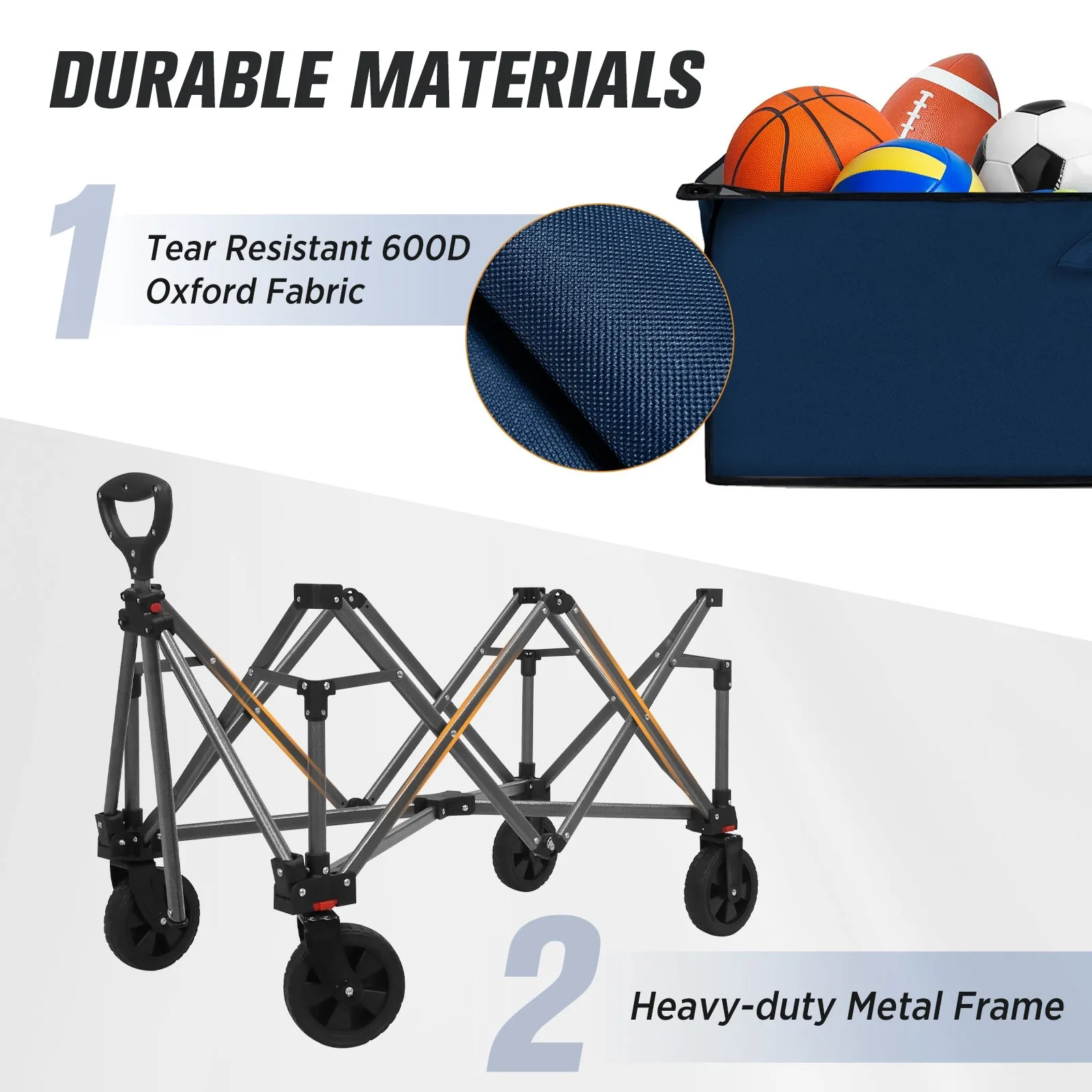 Heavy-Duty Collapsible Folding Utility Wagon, All Terrain Garden Hand Cart with Large Size Pocket and Cup Holders for Sports, Beach, Camping, Garden, and Grocery, Black / Dark Blue