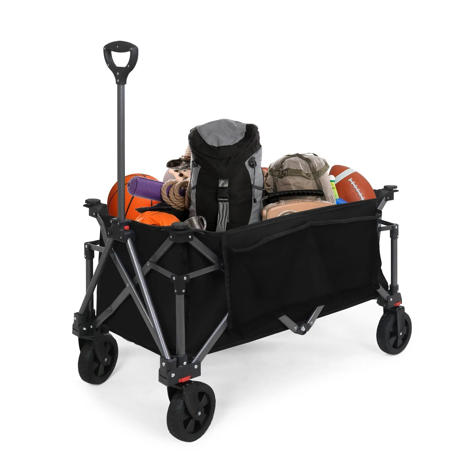 Heavy-Duty Collapsible Folding Utility Wagon, All Terrain Garden Hand Cart with Large Size Pocket and Cup Holders for Sports, Beach, Camping, Garden, and Grocery, Black / Dark Blue
