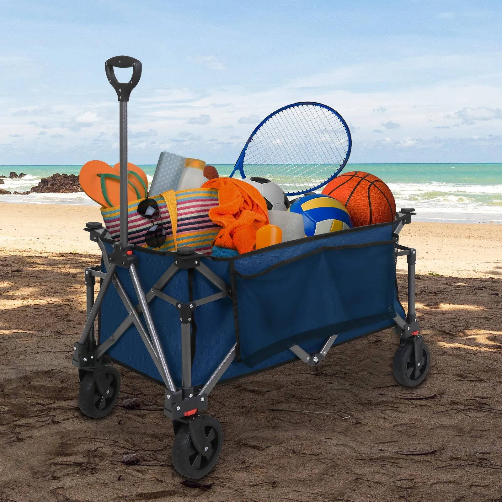 Heavy-Duty Collapsible Folding Utility Wagon, All Terrain Garden Hand Cart with Large Size Pocket and Cup Holders for Sports, Beach, Camping, Garden, and Grocery, Black / Dark Blue