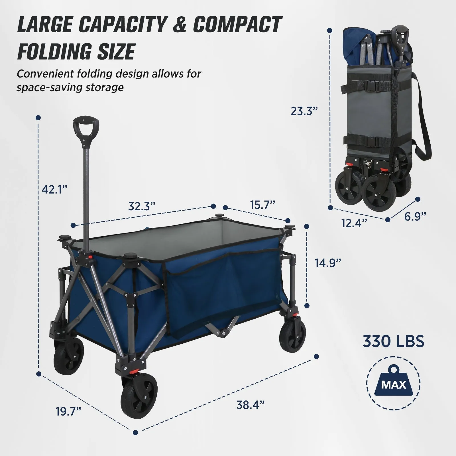 Heavy-Duty Collapsible Folding Utility Wagon, All Terrain Garden Hand Cart with Large Size Pocket and Cup Holders for Sports, Beach, Camping, Garden, and Grocery, Black / Dark Blue