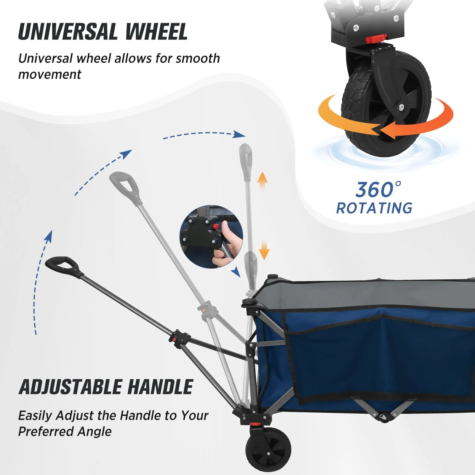 Heavy-Duty Collapsible Folding Utility Wagon, All Terrain Garden Hand Cart with Large Size Pocket and Cup Holders for Sports, Beach, Camping, Garden, and Grocery, Black / Dark Blue