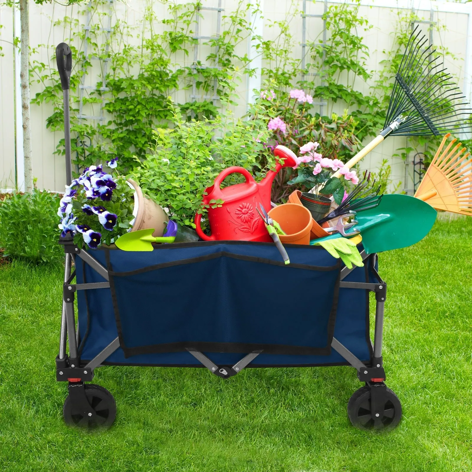 Heavy-Duty Collapsible Folding Utility Wagon, All Terrain Garden Hand Cart with Large Size Pocket and Cup Holders for Sports, Beach, Camping, Garden, and Grocery, Black / Dark Blue