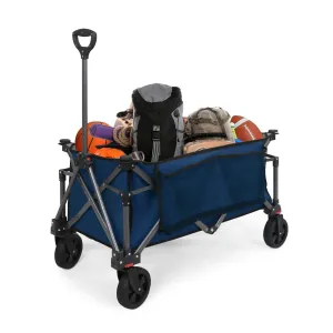 Heavy-Duty Collapsible Folding Utility Wagon, All Terrain Garden Hand Cart with Large Size Pocket and Cup Holders for Sports, Beach, Camping, Garden, and Grocery, Black / Dark Blue