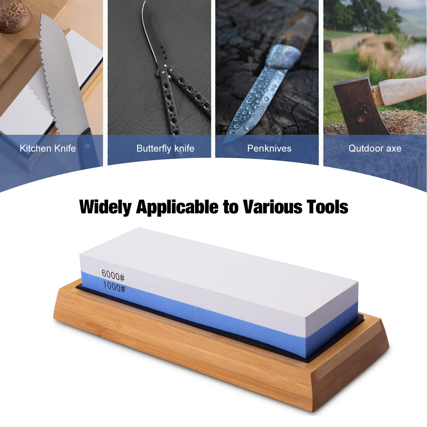 Whetstone Knife Sharpener 2 Side Grit 1000/6000 Knife Sharpening Stone, Knife Sharpener Stone with Non-slip Bamboo Base, Wet Stone Sharpening Kit for Kitchen Hunting