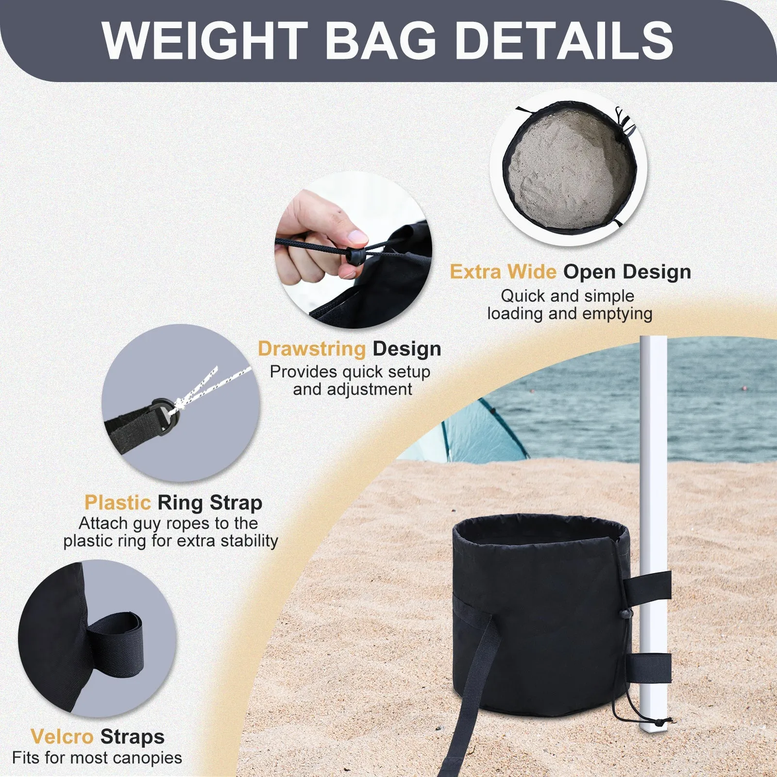 Wide-Mouth Quick-Fill Canopy and Tent Weight Bags, 160lbs Pack of 4, Black